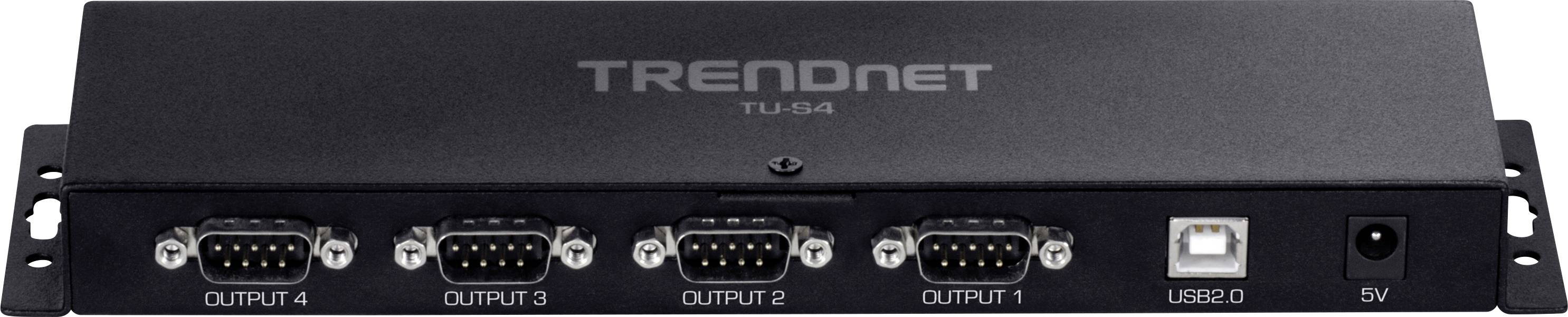 'Trendnet TU-S4' sériový rozbočovač se čtyřmi DB9 porty, USB 2.0 a 5V napájením. Používá se pro rozšířené připojení sériových zařízení.