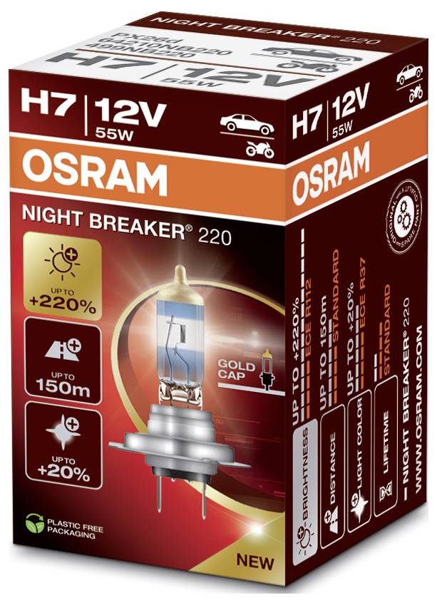 Obrázek zobrazuje balení halogenové žárovky OSRAM H7 12V 55W 'Night Breaker', která nabízí až o 220% vyšší svítivost.