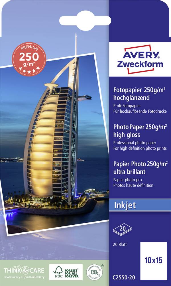 Avery-Zweckform Premium C2550-20 fotografický papír 10 x 15 cm 250 g/m² 20 listů vysoce lesklý