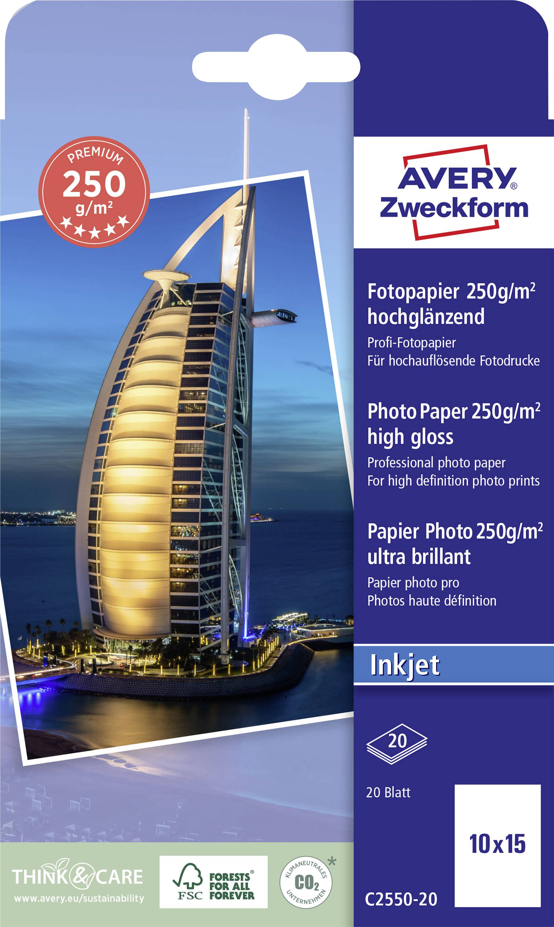 Balení fotopapíru s lesklým povrchem od Avery Zweckform, vhodný pro inkoustové tiskárny, 250 g/m², 10x15 cm, 20 listů.