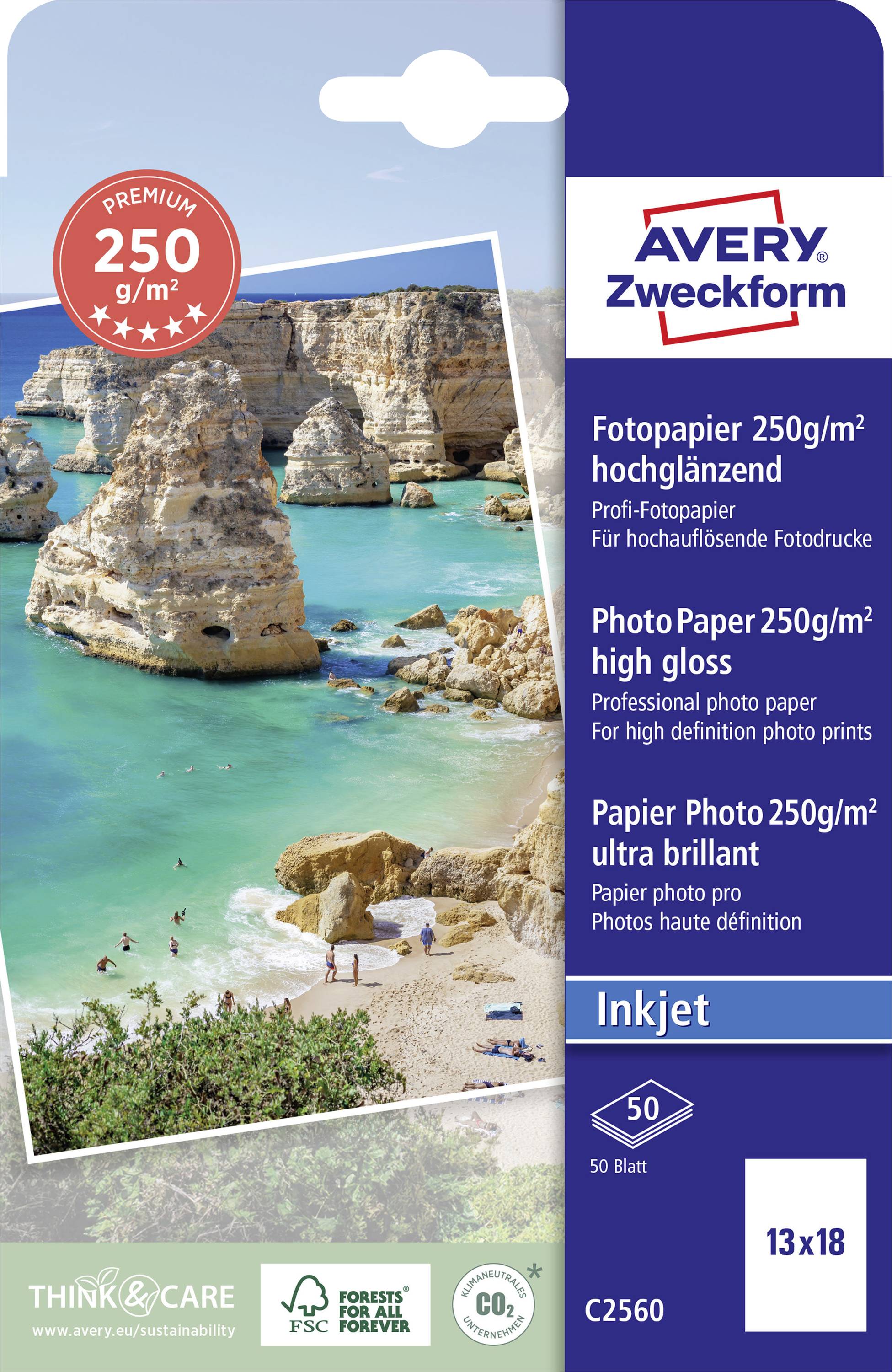 Obal pro vysoce lesklý fotografický papír od Avery Zweckform, 250 g/m², pro inkoustové tiskárny, 50 listů, prémiová kvalita, s motivem pláže.