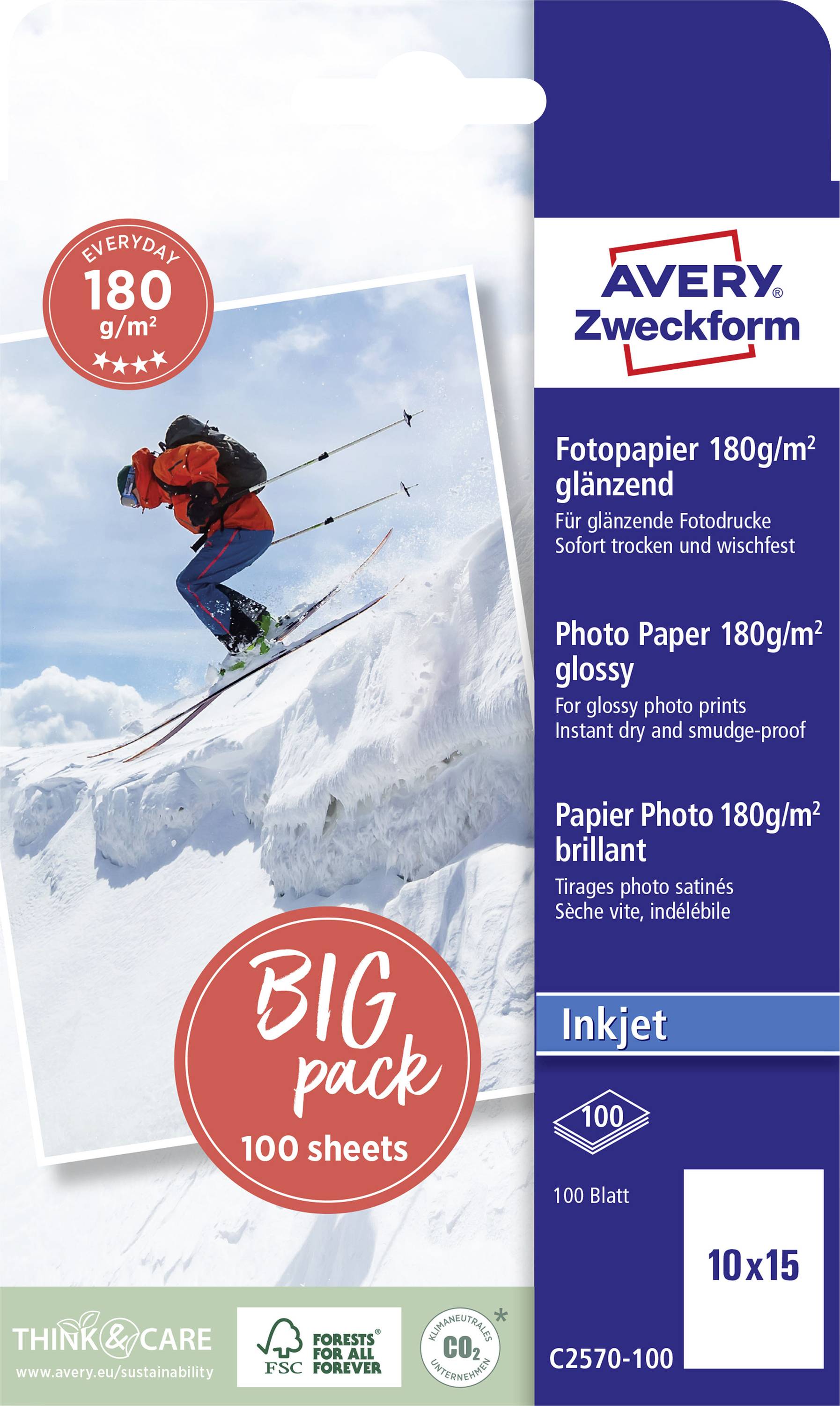 Balení fotografického papíru Avery Zweckform: 100 listů, 180 g/m², lesklý, vhodný pro inkoustové tiskárny. Obsahuje logo FSC.