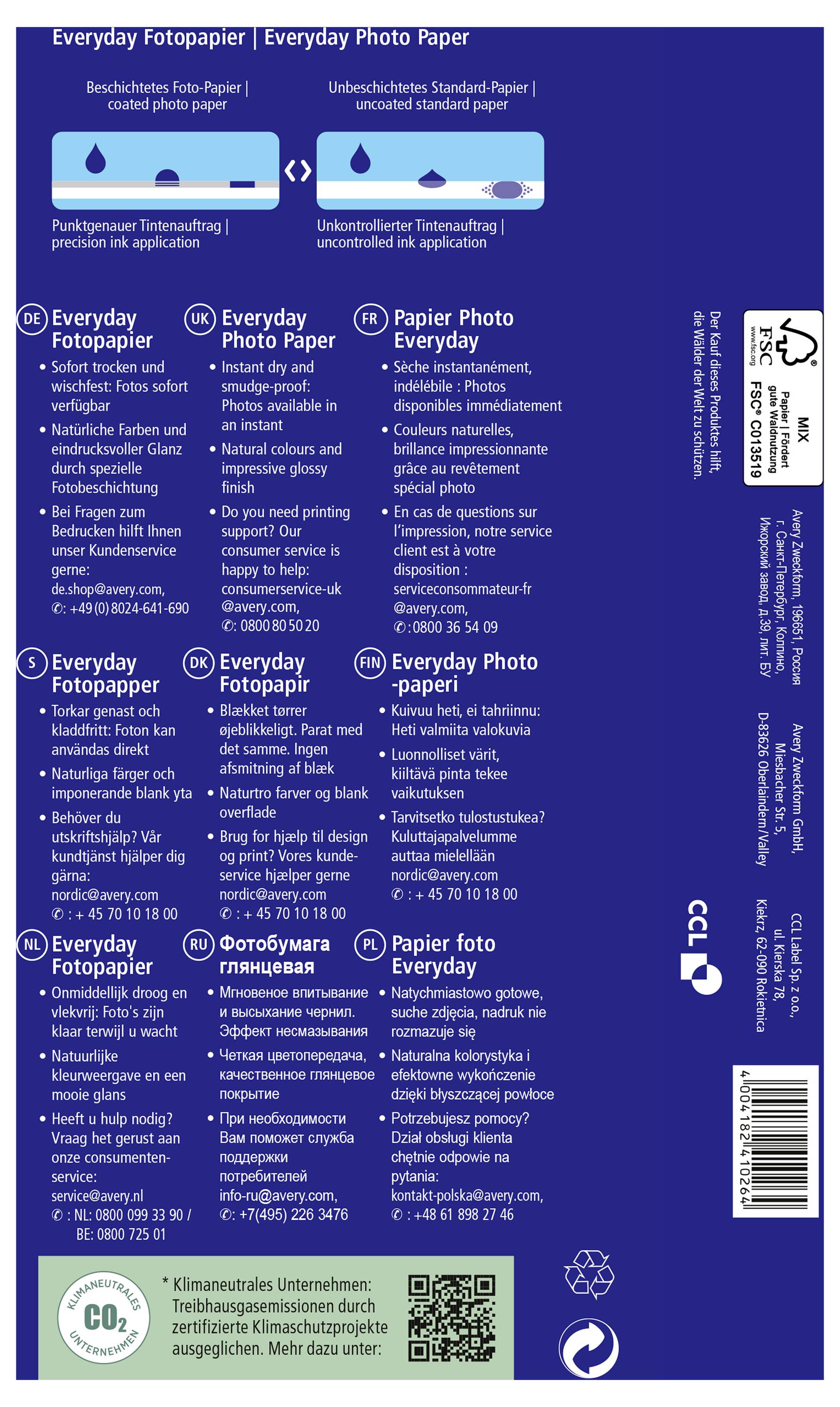 Obal produktu pro fotografický papír Everyday. Obsahuje informace v několika jazycích týkající se výrobce, hmotnosti, rozměrů a čárového kódu.