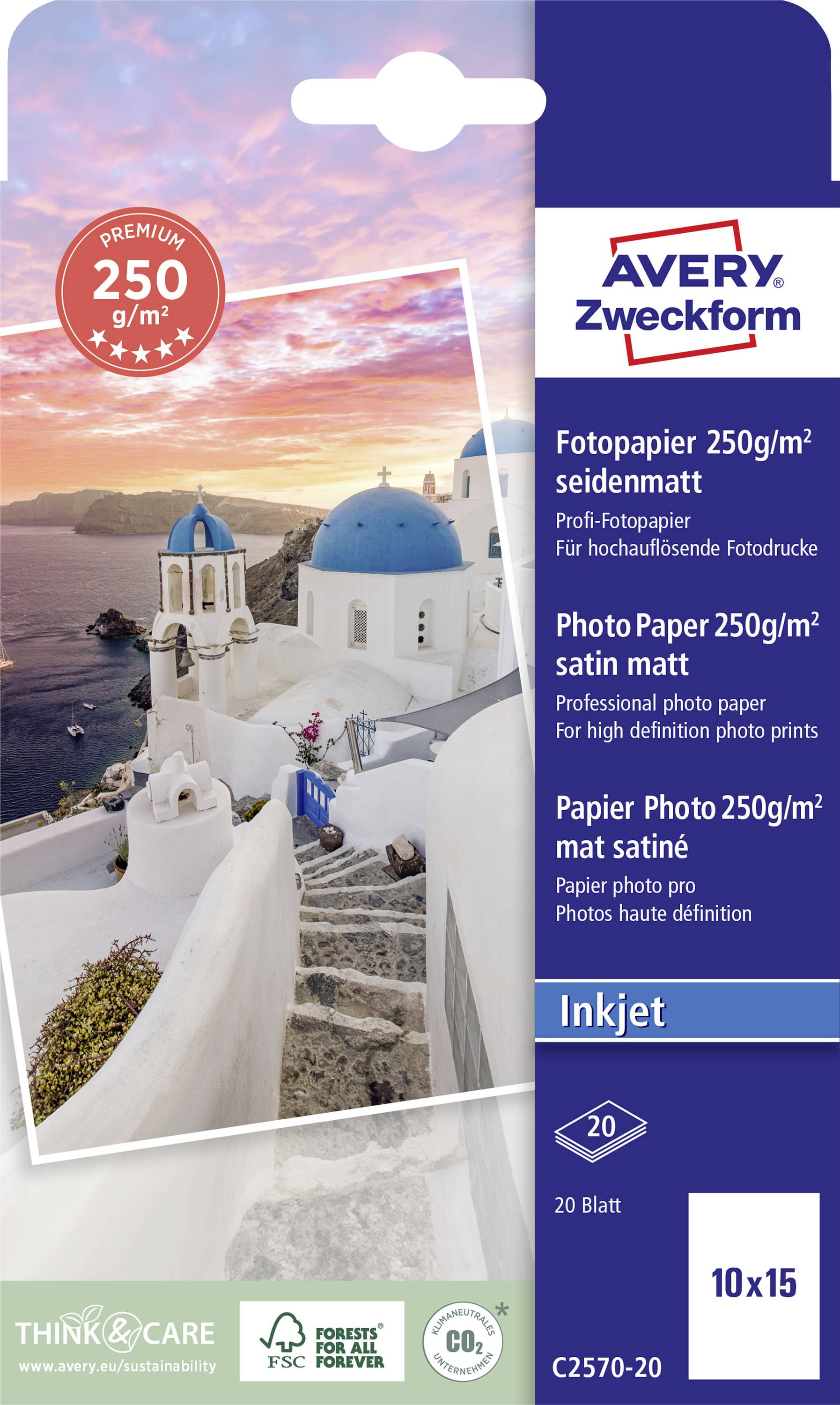 'Balení pro Avery Zweckform fotografický papír, 250 g/m² hedvábně matný, 10x15 cm, 20 listů pro inkoustové tiskárny. Fotografie ukazuje pohled na Santorini.'