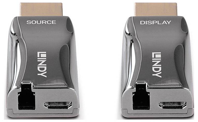 Dva adaptéry s nápisem 'SOURCE' a 'DISPLAY'. Levý adaptér má HDMI vstup, pravý má HDMI výstup.