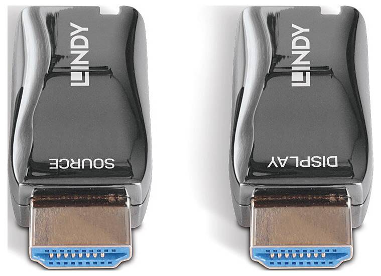 Rozbočovač HDMI Lindy s jedním vstupem a dvěma výstupy, zobrazující dva HDMI porty označené 'Source' a 'Display' na černém povrchu.