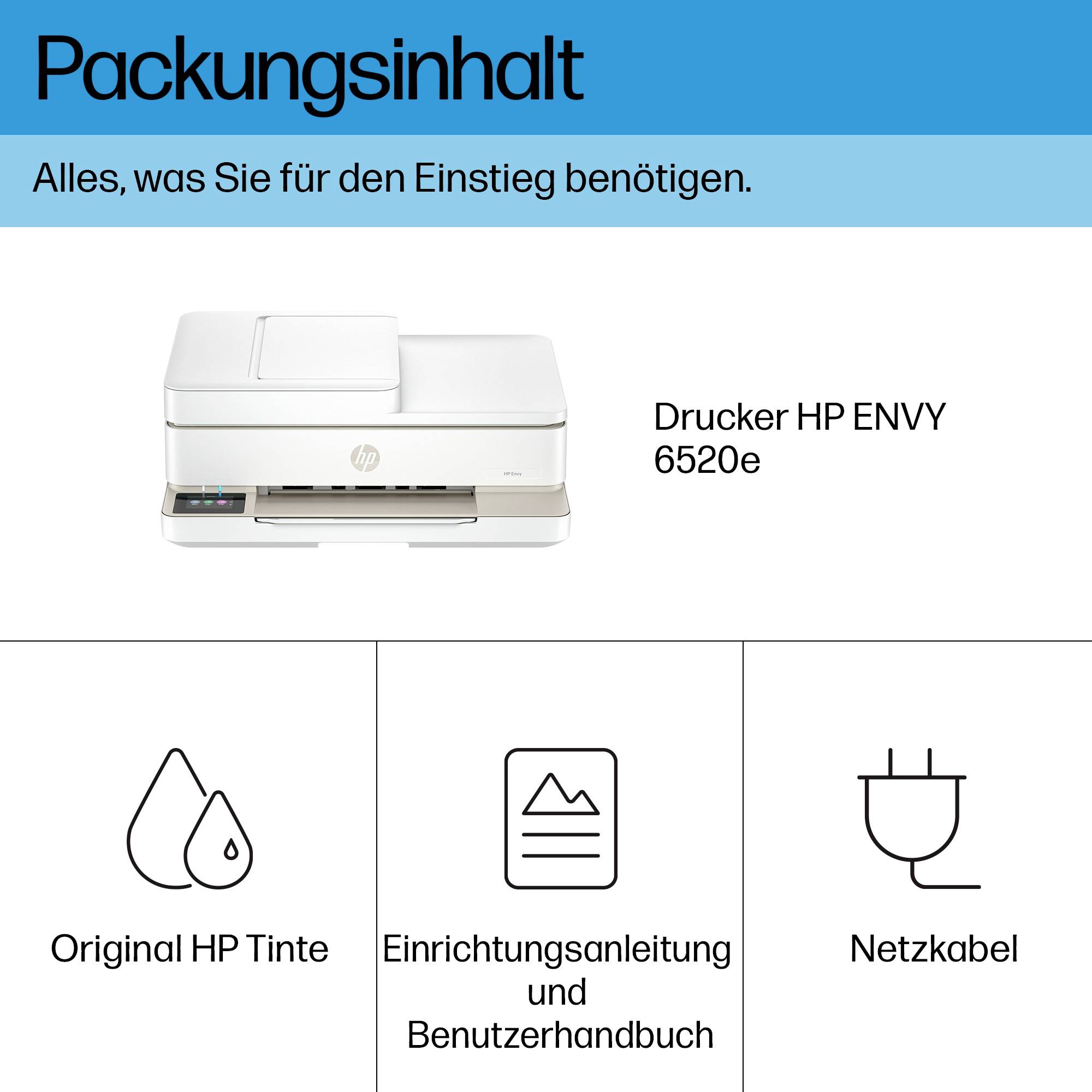 'Obsah balení: Tiskárna HP ENVY 6520e, originální inkoustová náplň HP, instalační příručka, napájecí kabel.'