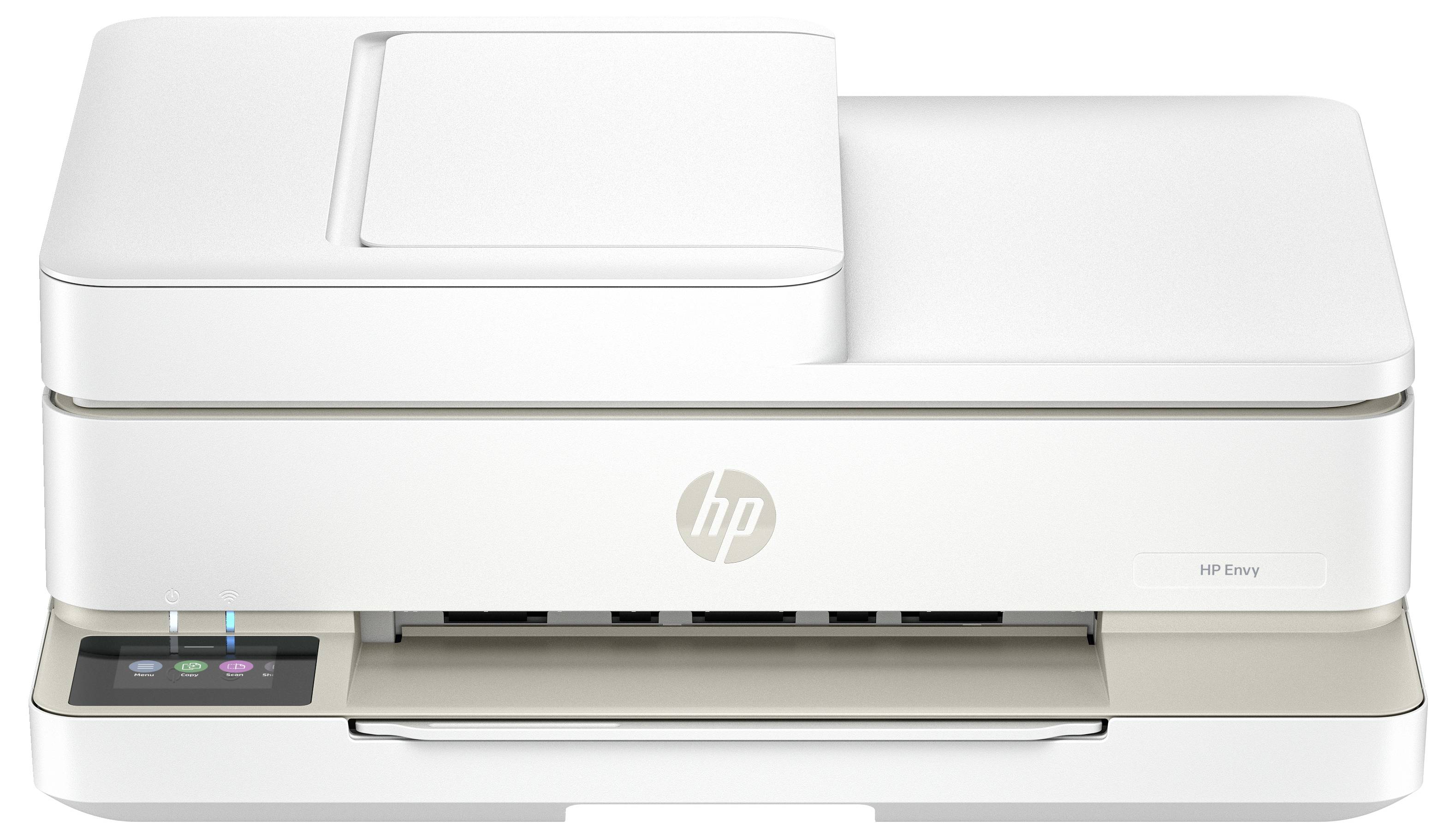 Tiskárna HP, model Envy. Bílý, kompaktní design s ovládacím panelem vlevo vpředu.