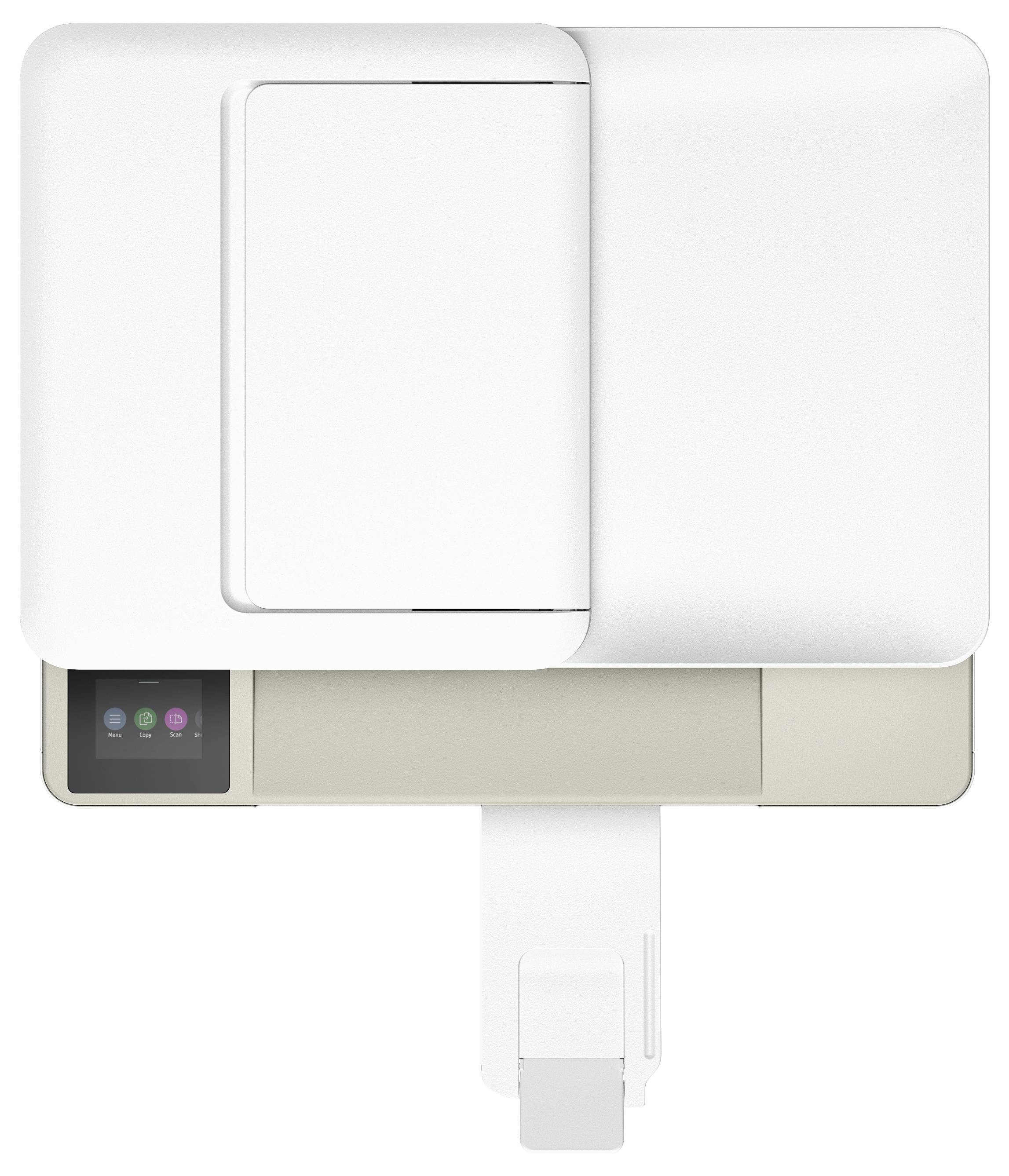 Moderní bílá tiskárna s malým barevným ovládacím panelem. Pohled shora odhaluje hladký a minimalistický design.