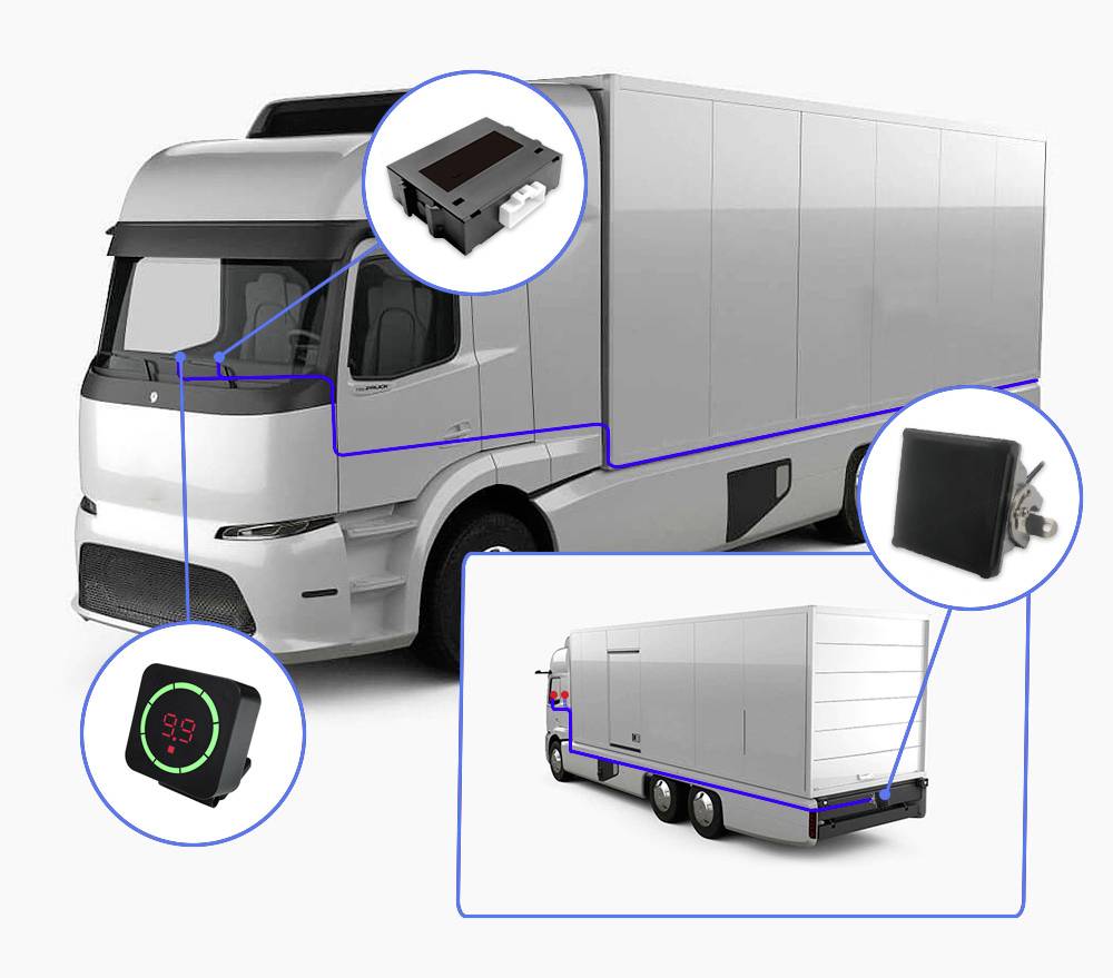 Futuristický nákladní vůz se zvýrazněnými technickými komponenty: digitální displej, elektromechanický modul a snímač.