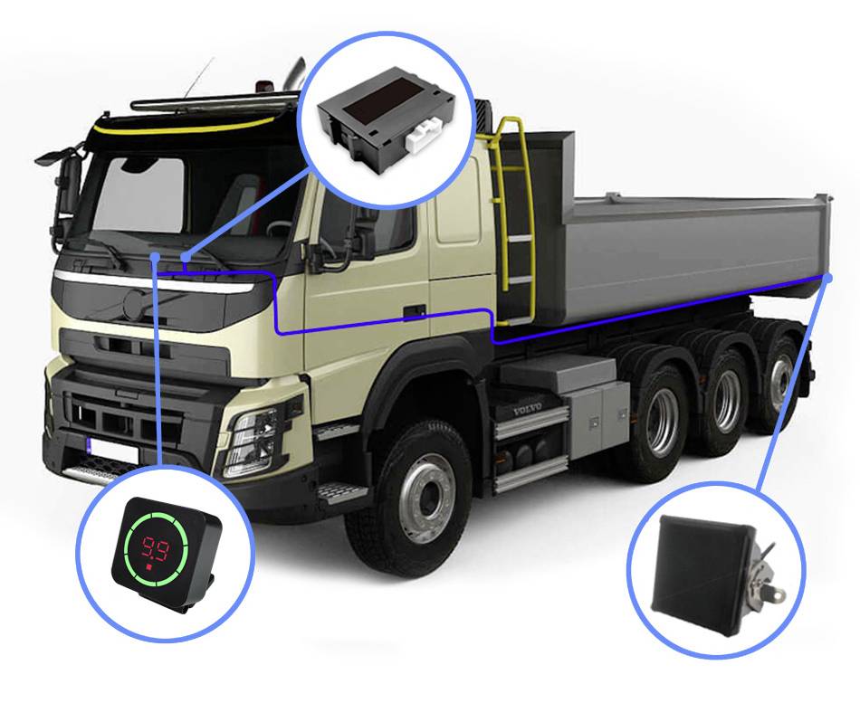 Nákladní automobil s betonovou míchačkou a vyznačenými elektronickými komponenty: otočný přepínač, displej a elektrický modul.