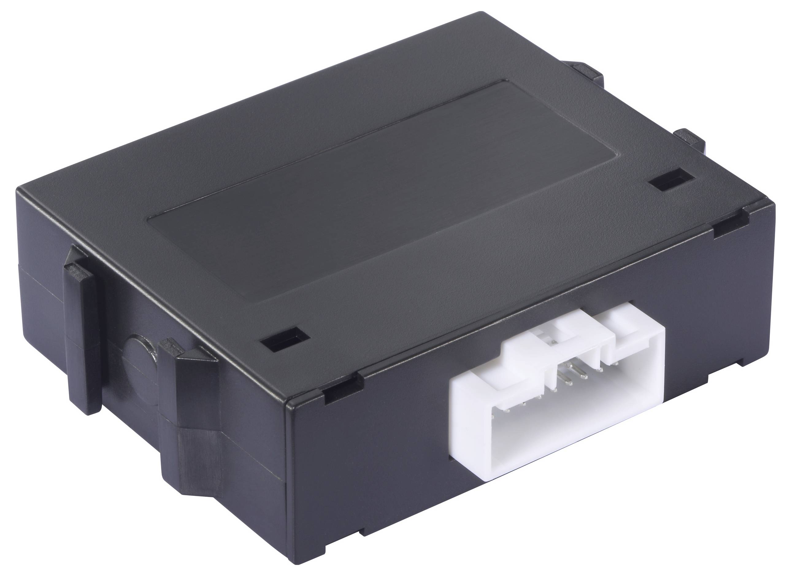 Černý elektronický modulový kryt s bílým konektorem, pravděpodobně určený pro technologické nebo průmyslové aplikace.