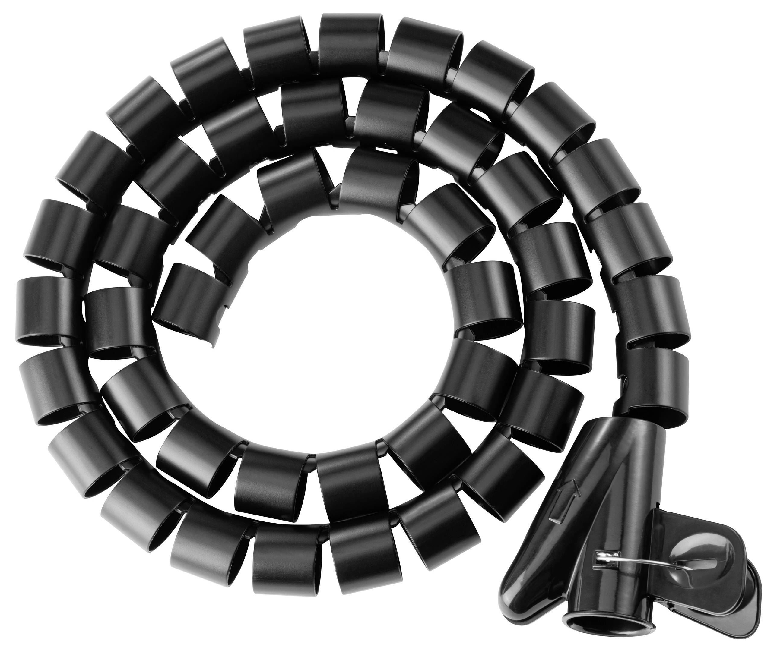 Černý kabelový kanál ve spirálovém tvaru, který se používá k seskupování a uspořádání více kabelů.