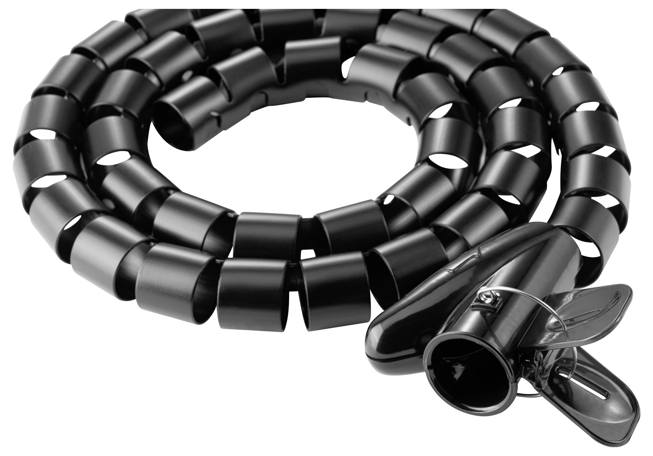 Černý zámek na kolo se spirálovým designem a kovovým obdélníkovým uzamykacím mechanismem.