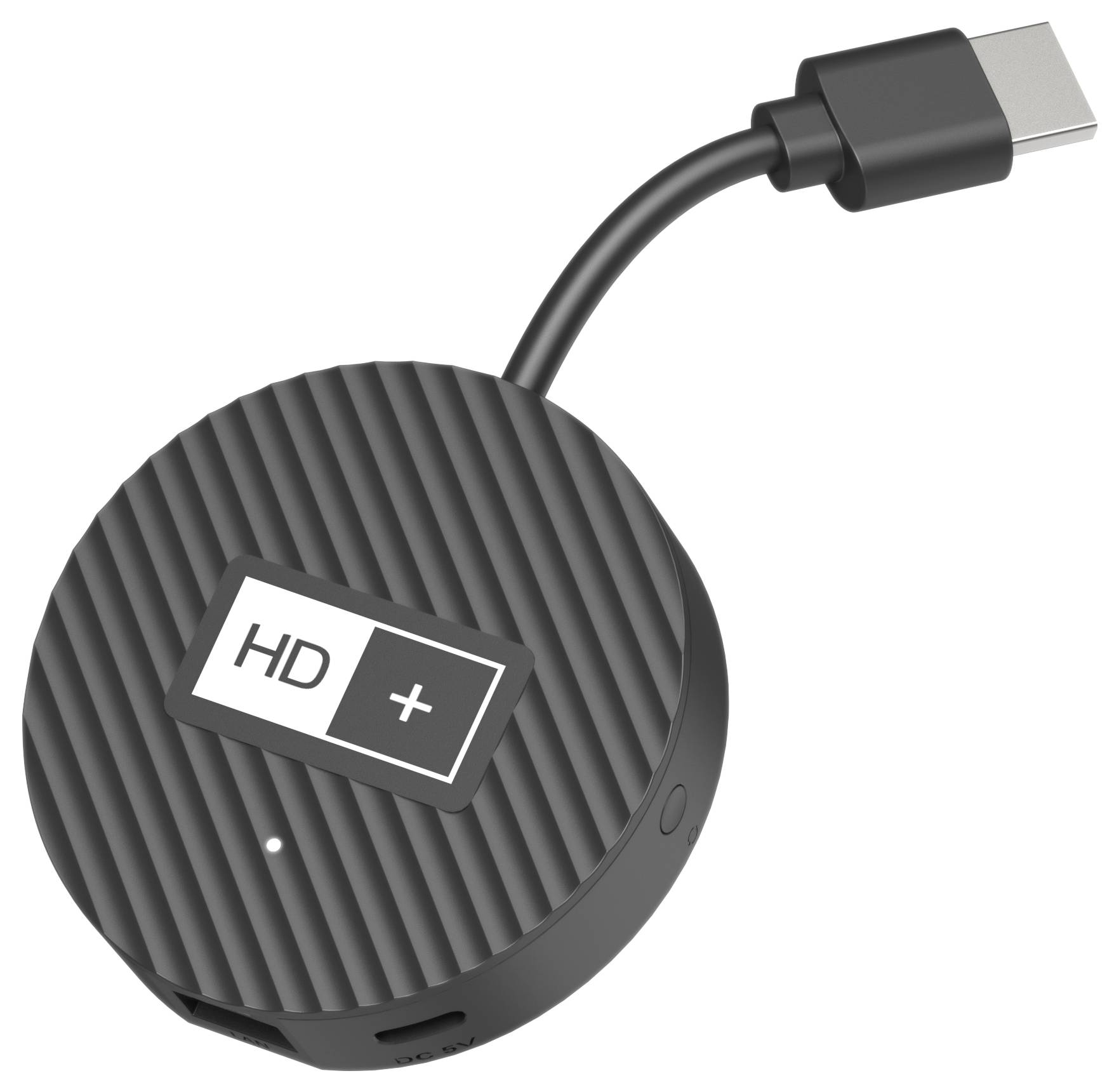 Kulatý, černý adaptér USB-C na HDMI s vroubkovaným povrchem a logem HD+ na horní straně.