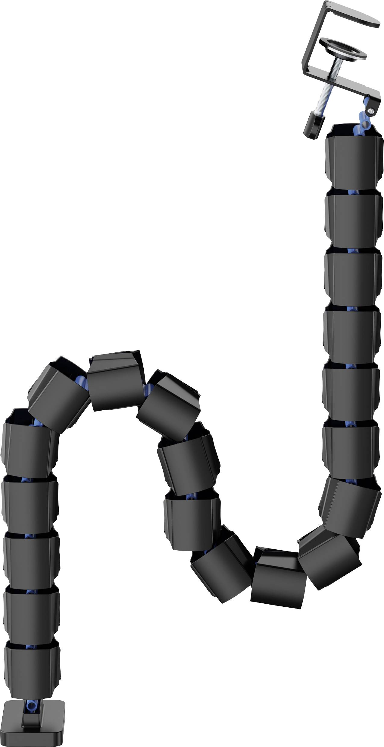 Víceúsekový, flexibilní robotický manipulátor s několika černými segmenty, které se ohýbají směrem ke konci, kde je umístěno úchopné zařízení.