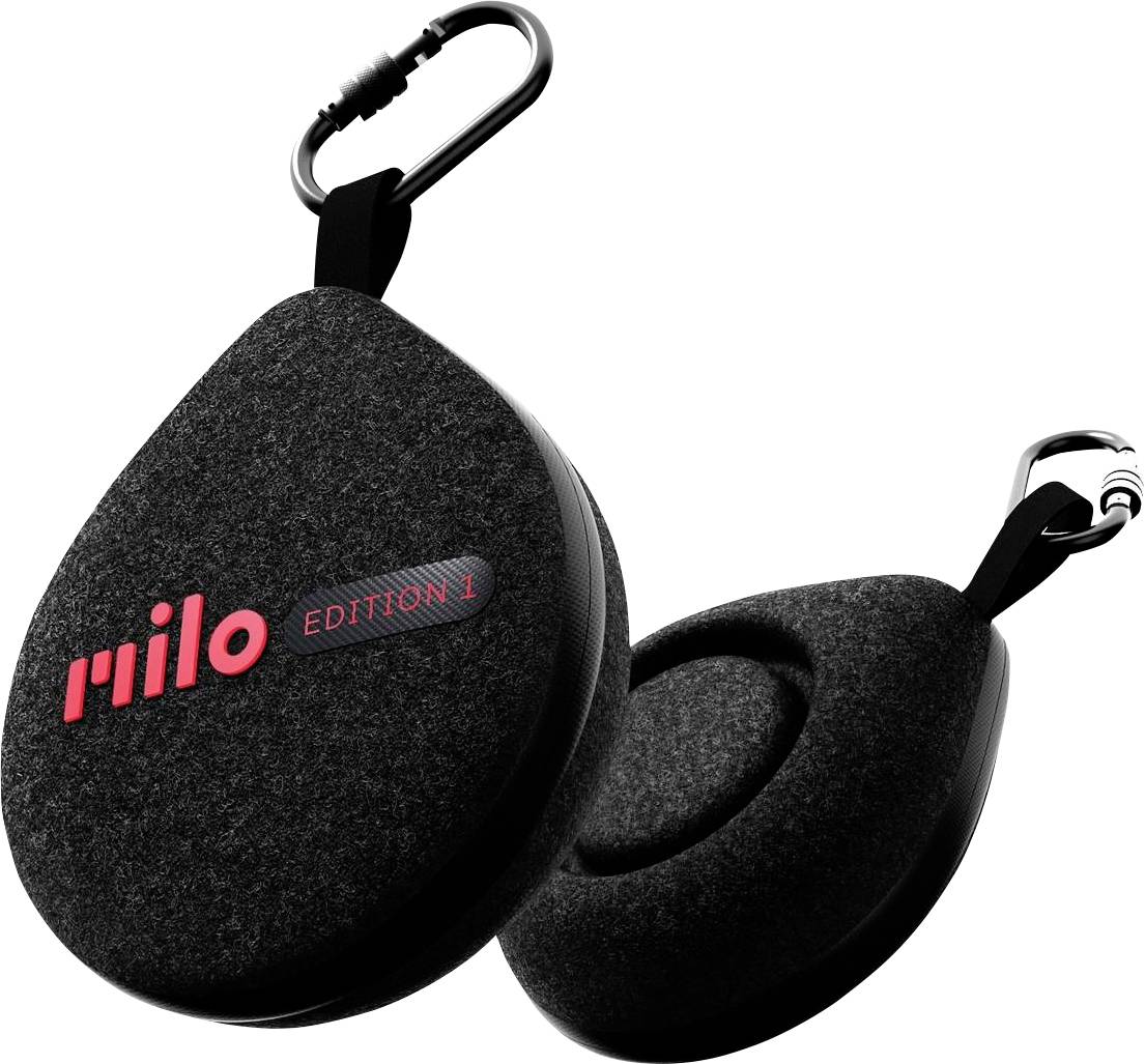 Černý ochranný obal s červeným nápisem 'milo EDITION 1', vybavený karabinkou, vhodný pro přenosná zařízení.