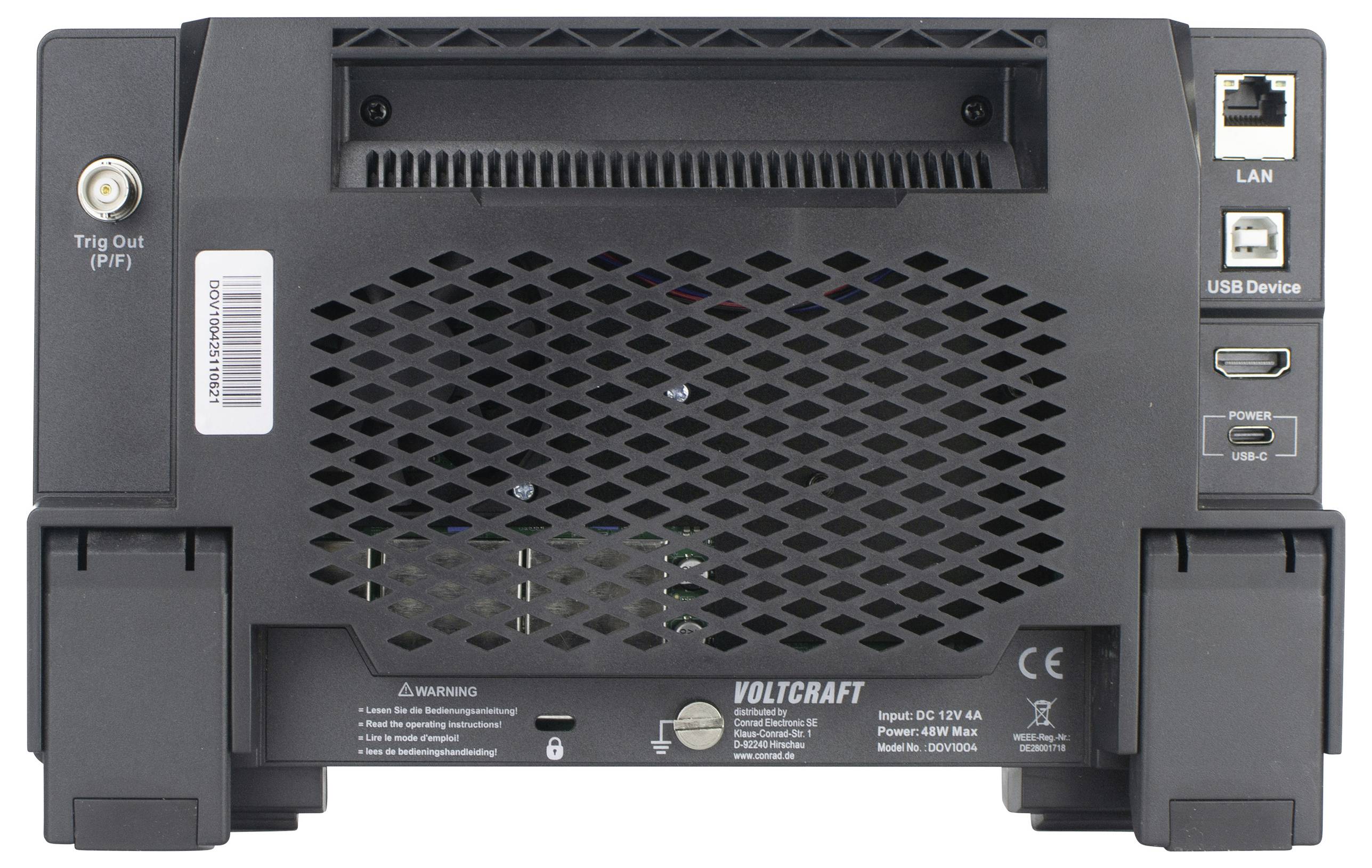 Zadní pohled na zařízení Voltcraft s LAN, USB porty, větracími otvory a výstražnými štítky.