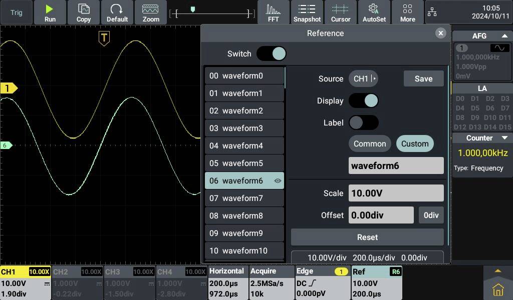 Obrázek displeje osciloskopů zobrazující dva průběhy. Hlavní nastavení zahrnují zdroj, zobrazení a vstupní popisky. Indikátor průběhu 'waveform6'.