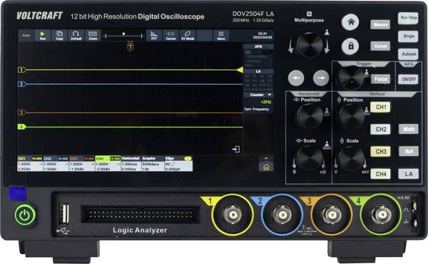 VOLTCRAFT DOV2504F LA digitální osciloskop Kalibrováno dle (DAkkS), 250 MHz, 1.25 GSa/s, 100 Mpts, 12 Bit, s pamětí (DSO), generátor funkcí, logický analyzátor, 1 ks, VC-16753960-DAkkS