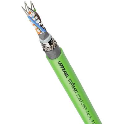 Zelený kabel s nápisem 'LAPPKABEL STUTTGART ETHERLINE'; zobrazuje odhalené vodiče a stínění, vhodný pro průmyslovou komunikaci.