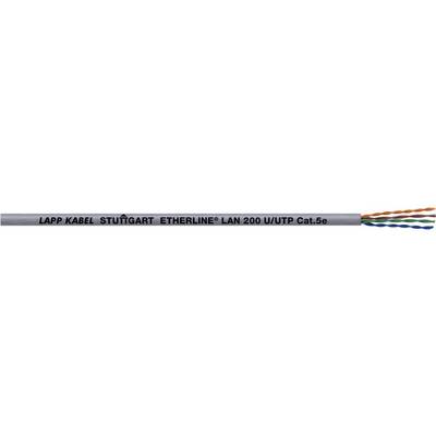 Ethernetový kabel 'Lapp Kabel Stuttgart Etherline LAN 200 U/UTP Cat.5e'; šedý plášť, nekrytý čtyřpárový kroucený kabel.
