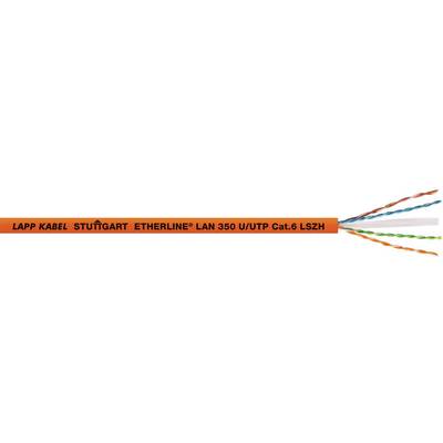 Síťový kabel s nápisem 'LAPP KABEL STUTTGART ETHERLINE LAN 350 U/UTP Cat.6 LSZH' má na konci kroucené vodiče.