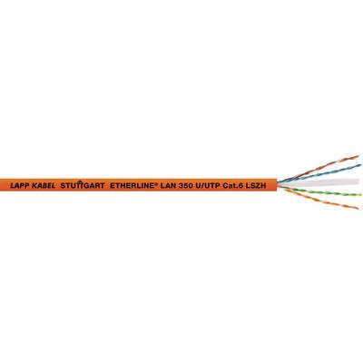 Oranžový ethernetový kabel s nápisem 'Lapp Kabel Stuttgart Etherline LAN 350 U/UTP Cat.6 LSZH' s odhalenými vodiči.