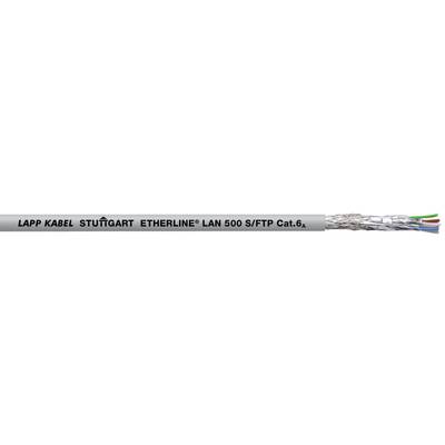 Šedý síťový kabel s nápisem 'LAPP KABEL STUTTGART ETHERLINE LAN 500 S/FTP CAT.6'.