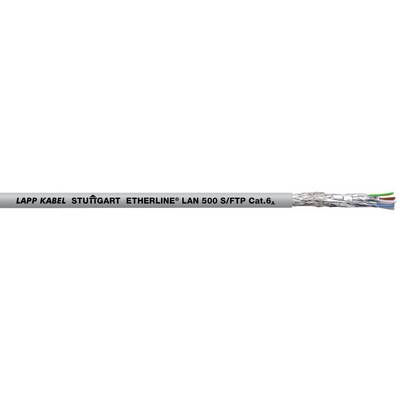 Šedý síťový kabel s nápisem 'LAPP KABEL STUTTGART ETHERLINE LAN 500 S/FTP CAT.6', který má na konci odhalené barevné vodiče.