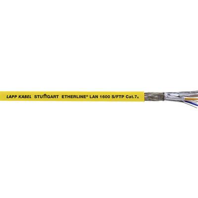 Žlutý kabel s černým nápisem 'LAPP KABEL STUTTGART ETHERLINE LAN 1600 S/FTP Cat.7.', zobrazuje strukturu kabelu s ochranným stíněním.