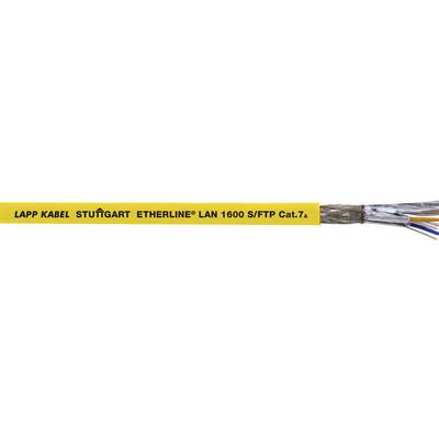 Žluté síťové ethernetové kabel s černým nápisem 'LAPP KABEL STUTTGART ETHERLINE® LAN 1000 S/FTP Cat.7.' s odkrytými vodiči na konci.