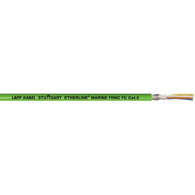 Zelený kabel s nápisem 'LAPP KABEL STUTTGART ETHERLINE MARINE FRNC C 0.5'. Uvnitř kabelu jsou viditelné vícebarevné vodiče.