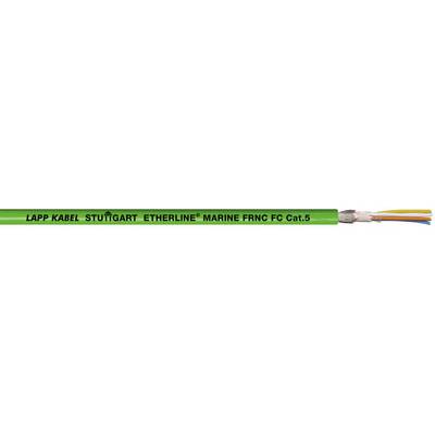 Zelený kabel s nápisem „Lapp Kabel Stuttgart ETHERLINE MARINE Cat.5e" s několika barevně kódovanými vnitřními vodiči.