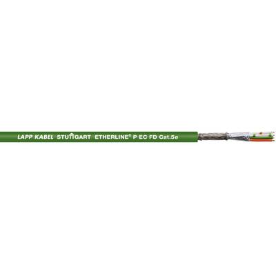 Zelený kabel s nápisem 'LAPP KABEL STUTTGART ETHERLINE P CAT.6 FD C 1.5'. Průřez kabelu zobrazuje vrstvovou strukturu.
