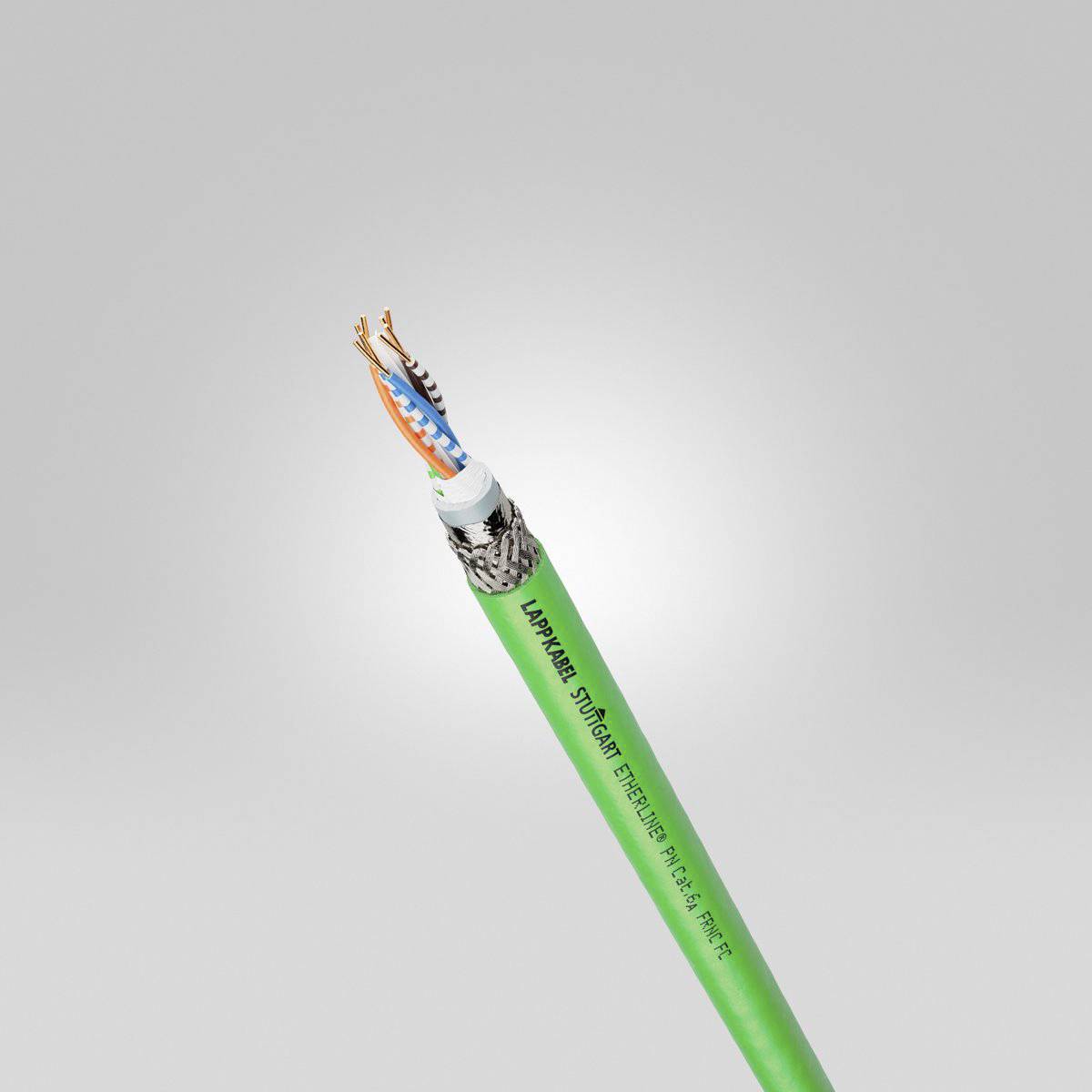 Zelený ethernetový kabel s odkrytými barevnými vodiči na konci, který se používá pro síťové instalace.