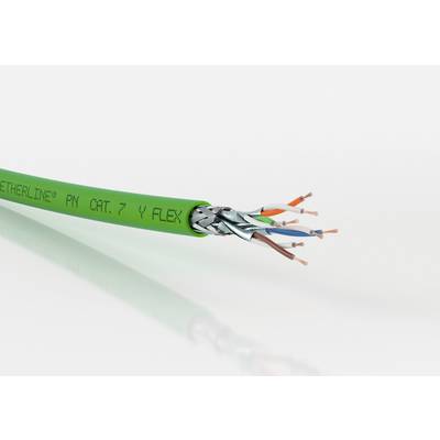 Stíněný zelený ethernetový kabel kategorie 7, částečně odizolovaný, zobrazující barevně označené vodiče.