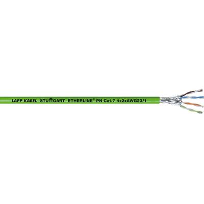 Zelený ethernetový síťový kabel s nápisem 'LAPP KABEL STUTTGART ETHERLINE PN Cat.7 4x2xAWG23/1', částečně odizolovaný.