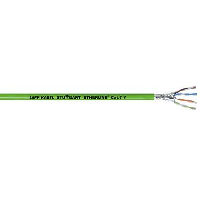 Zelený ethernetový kabel, značka Lapp Kabel, Stuttgart, typ 'ETHERLINE® Cat.7 Y', zobrazený s částečně odhaleným vedením.