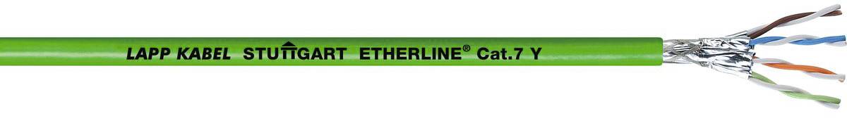 Zelený ethernetový kabel s odhalenými vodiči, na němž je nápis 'LAPP KABEL STUTTGART ETHERLINE® Cat.7 Y'.