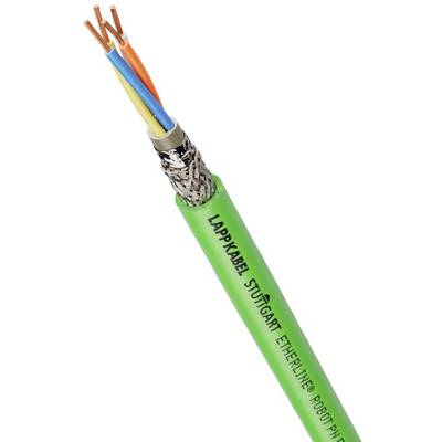 Zelený ethernetový kabel s několika odkrytými měděnými vodiči a nápisem 'Lappkabel Stuttgart Etherline Robot PN'.
