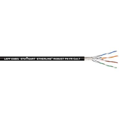 Černý ethernetový kabel značky 'LAPP KABEL' s odhalenými kroucenými páry vodičů, označený 'ETHERLINE ROBUST'.