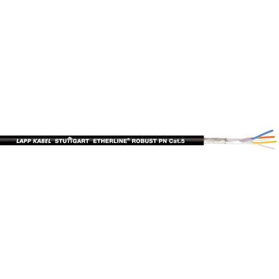 Černý ethernetový kabel s nápisem 'Lapp Kabel Stuttgart Etherline Robust PN Cat.5' ukazuje strukturu s viditelnými barevnými vodiči.