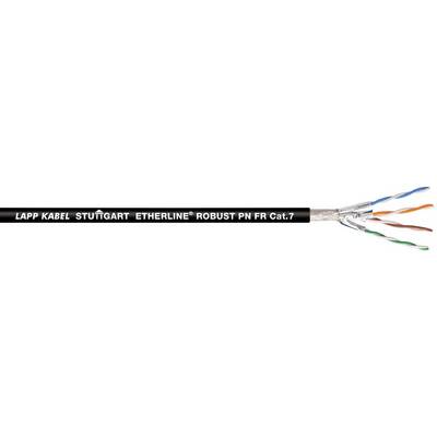 Černý kabel s nápisem 'LAPP KABEL STUTTGART ETHERLINE ROBUST PN FR Cca1.7' s odhaleným splétaným měděným vedením na konci.
