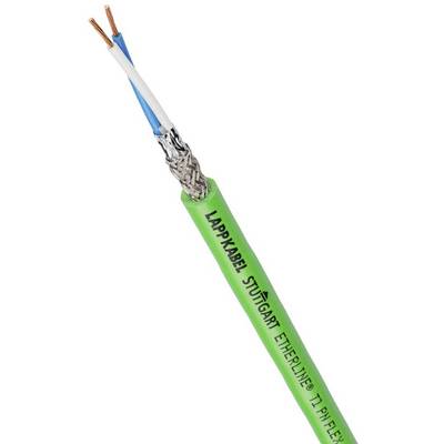 Zelený kabel s nápisem 'LAPPKABEL STUTTGART ETHERNET'. Jsou viditelné dva volně vedené měděné vodiče a ochranné opletení.