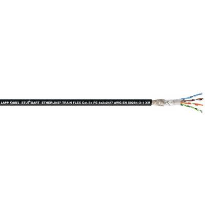 Černý ethernetový kabel s označením 'LAPP KABEL STUTTGART ETHERLINE TRAIN FLEX Cat.6a'. Kabel zobrazuje měděné vodiče a stínění.
