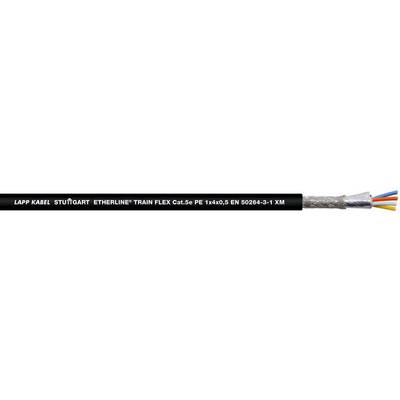Černý kabel s nápisem 'LAPP KABEL STUTTGART ETHERLINE TRAIN FLEX C-Li02YS LC 1x4x0,5 1kV 20/2/4G -5°'. Svazky kabelů jsou viditelné.