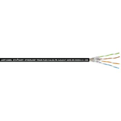 Detailní záběr ethernetového kabelu s odcloněním. Na povrchu je nápis 'Lapp Kabel Stuttgart'. Vodiče kabelu jsou barevně kódované.