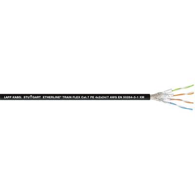 Černý datový kabel s odstraněnou izolací a barevnými vodiči. Nápis obsahuje technické specifikace a název výrobce.