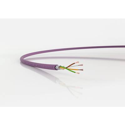 Fialový kabel leží na bílém povrchu. Jeho konce jsou odizolované a odhalují několik barevných měděných drátů.